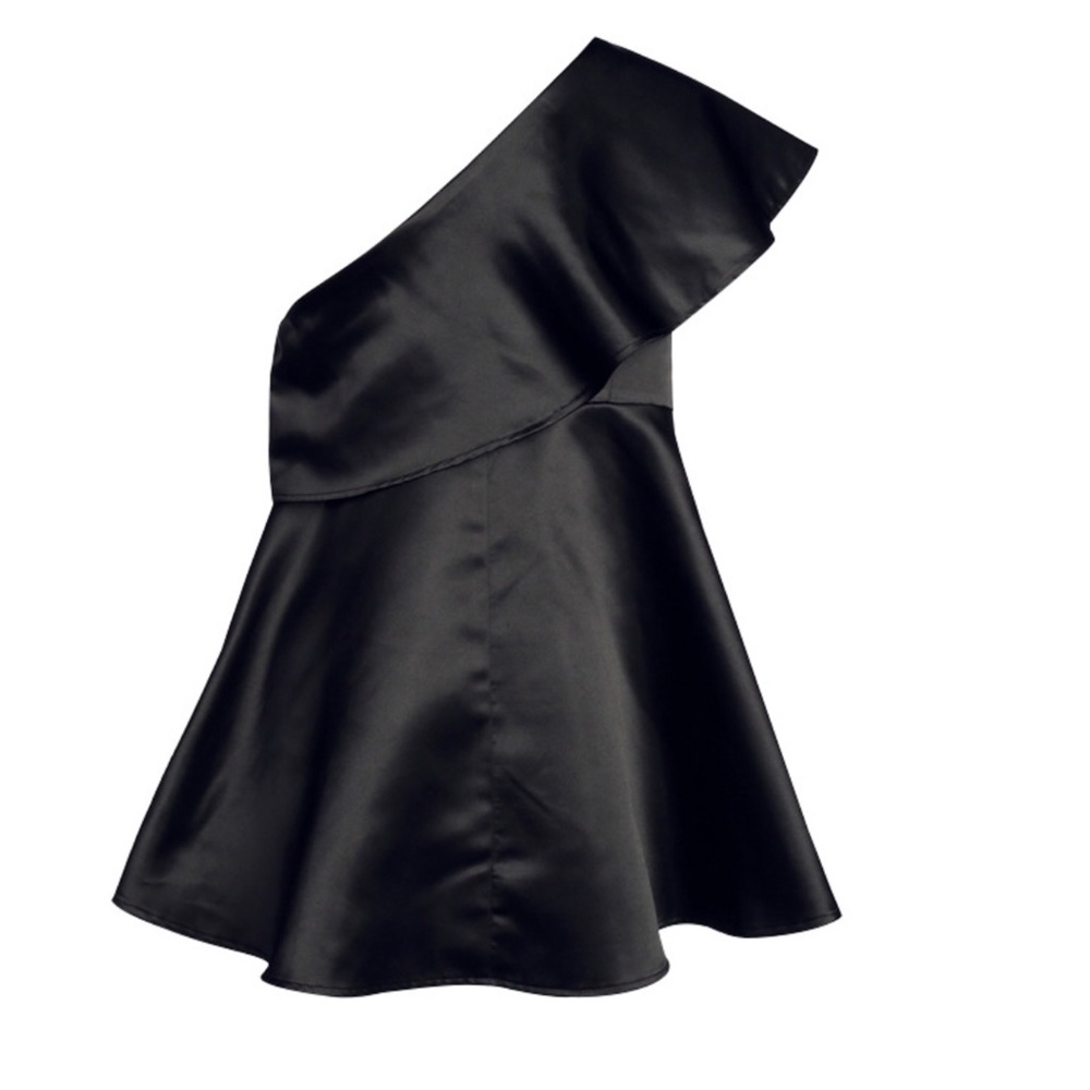 🌞 Black One Shoulder Satiny Long Ruffle Top - Picture 6 of 7